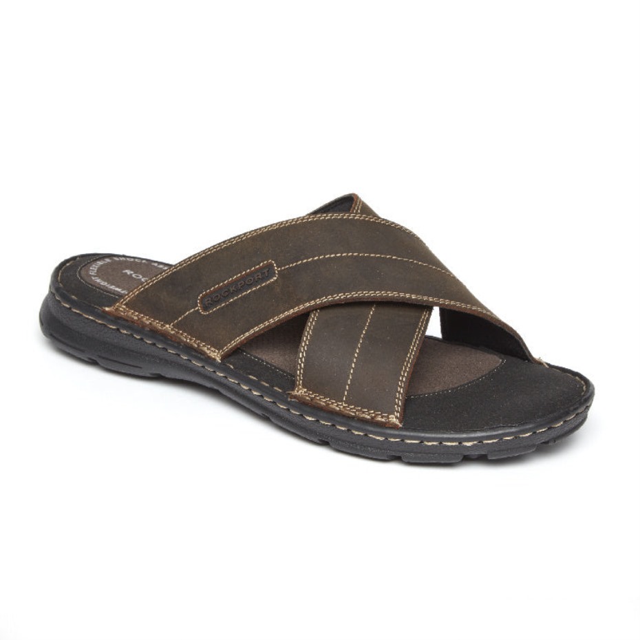 Sandalia Rockport Darwyn Cross Band Slide Marron Ii Cuero