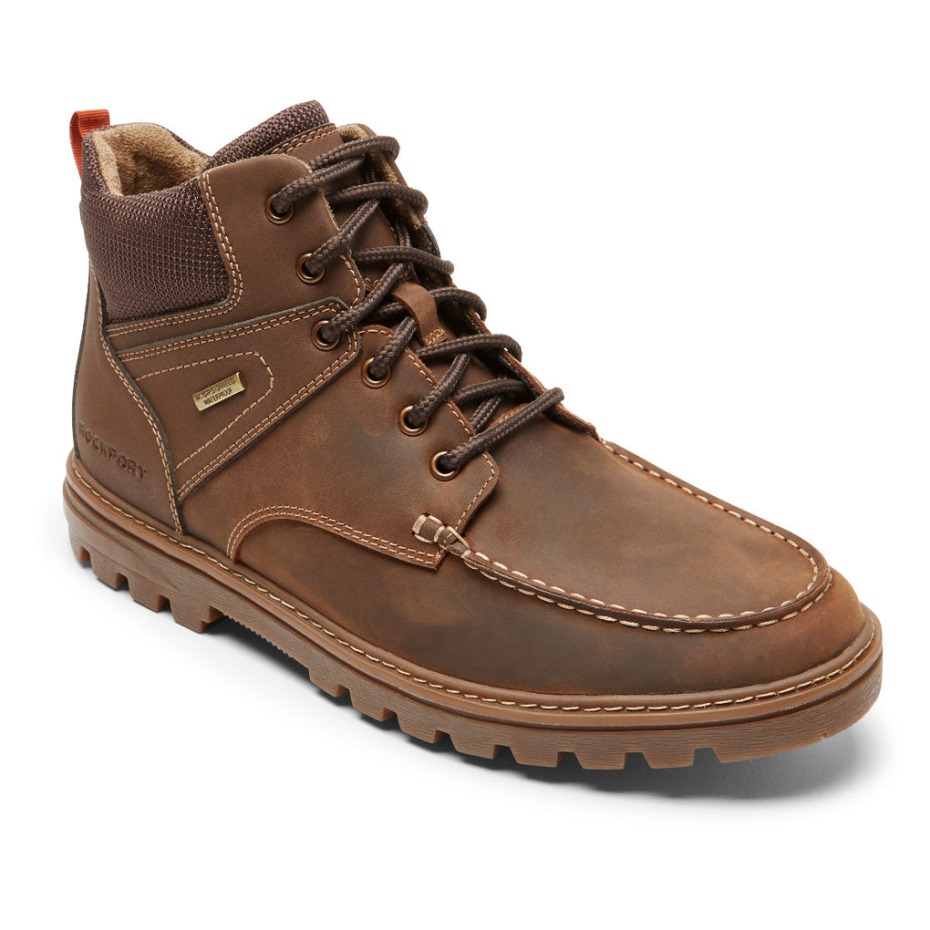 Botas Rockport Para Hombre Weather Ready Con Punta De Mocasín, Impermeables, Ante De Cuero Tostado Nuevo